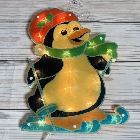 VTG Penguin Lighted Christmas Window Door Hanging Decor Sign Plastic Glittery - Picture 6 of 15